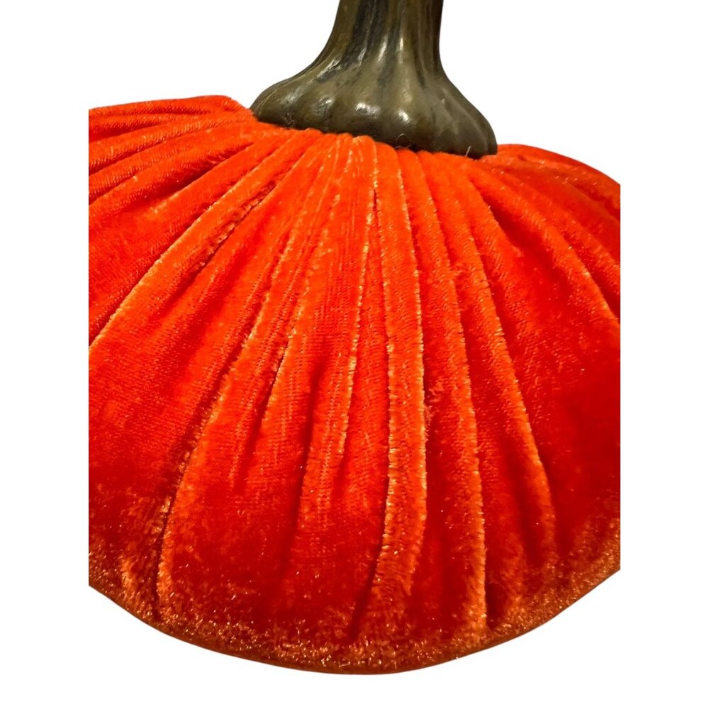 Orange Velvet Pumpkin Autumn Fall Plush Hard Stem Halloween Decor Vtg Set of 2 - Picture 3 of 6